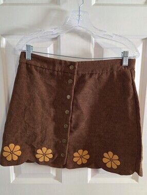SHEIN Brown Corduroy A-Line Mini Skirt with Yellow Floral Trim Size Large